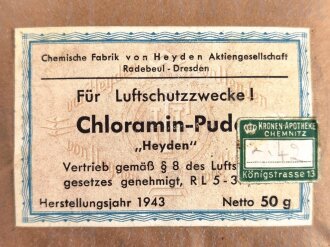 Pack" Chloramin Puder " Für Luftschutzzwecke.  Herstellungsjahr 1943, Breite 10cm