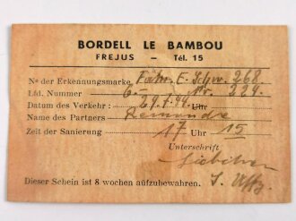 "Bordell le Bambou" Frankreich, Wehrmachtbordell, Schein zum Aufbewahren