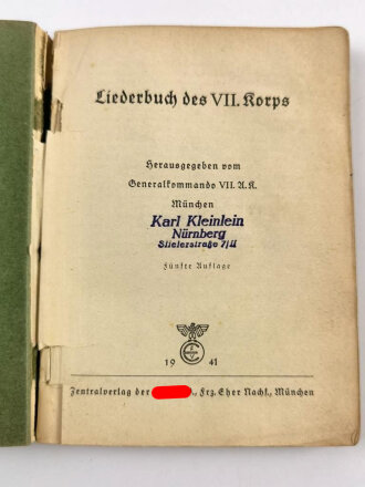 "Liederbuch des VII.Korps" Herausgegeben vom...