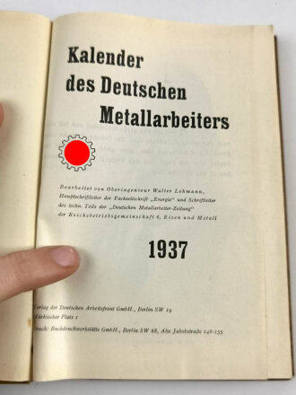"Kalender des Deutschen Metallarbeiters 1937" Nicht ausgefüllt,  245 Seiten