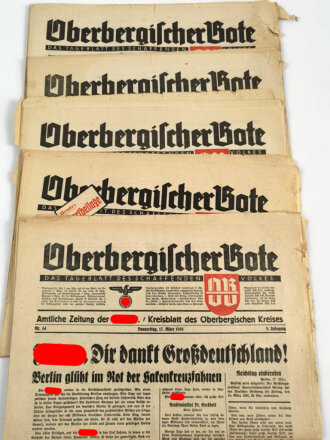 "Oberbergischer Bote" Amtliche Zeitung der NSDAP / Kreisblatt des Oberbergischen Landes. 5 Ausgaben, nicht auf Vollständigkeit geprüft