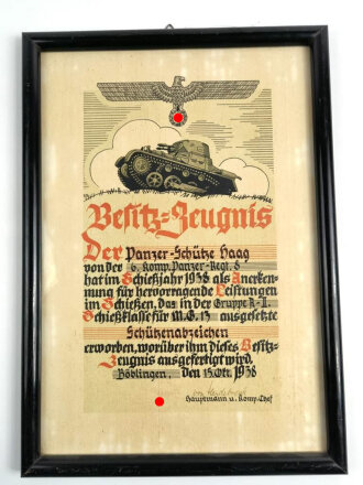 Panzertruppe, original gerahmtes Besitzzeugnis für eine Schützenschnur, ausgestellt 1938 auf einen Angehörigen im Panzer Regiment 8. Maße des Rahmen 33,5 x 47cm