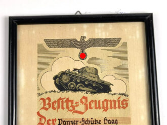 Panzertruppe, original gerahmtes Besitzzeugnis für eine Schützenschnur, ausgestellt 1938 auf einen Angehörigen im Panzer Regiment 8. Maße des Rahmen 33,5 x 47cm