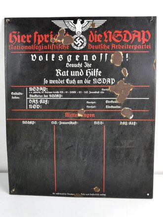 Emailleschild "Hier spricht die NSDAP" 64 x 78cm. Ungereinigtes Stück