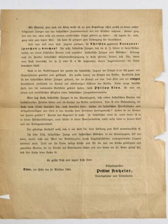 "Katholische Jungen und Mädchen in der Hitler Jugend" DIN A4 Aushang bzw. Handzettel des Dompfarrer zu Trier von 1934