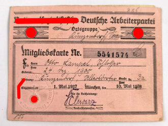 Nationalsozialistische Deutsche Arbeiterpartei "Mitgliedskarte" Eingetreten 1937
