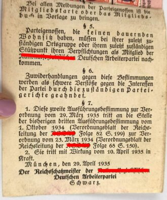 Nationalsozialistische Deutsche Arbeiterpartei "Mitgliedskarte" Eingetreten 1937