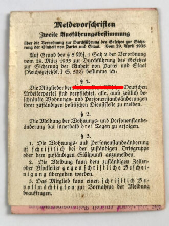 Nationalsozialistische Deutsche Arbeiterpartei "Mitgliedskarte" Eingetreten 1937