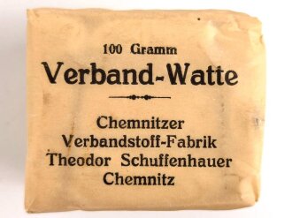 "100 Gramm Verband Watte" Chemnitzer Verbandstoff Fabrik Theodor Schuffenhauer, gehört so unter anderem in  den " "Veterinär Arzneikasten 18/27" der Wehrmacht