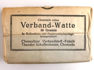 "50 Gramm Verband Watte" Chemnitzer Verbandstoff Fabrik Theodor Schuffenhauer, gehört so unter anderem in  den " "Veterinär Arzneikasten 18/27" der Wehrmacht