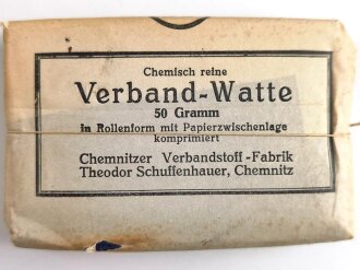 "50 Gramm Verband Watte" Chemnitzer Verbandstoff Fabrik Theodor Schuffenhauer, gehört so unter anderem in  den " "Veterinär Arzneikasten 18/27" der Wehrmacht