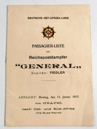 Passagier-Liste des Reichspostdampfer General, Abfaht 13. Januar 1913 