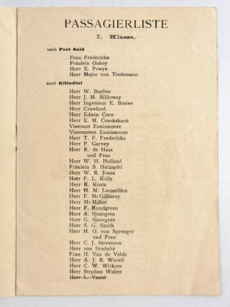 Passagier-Liste des Reichspostdampfer General, Abfaht 13....