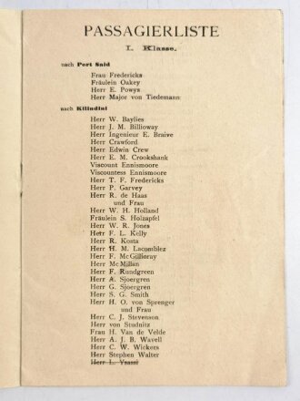 Passagier-Liste des Reichspostdampfer General, Abfaht 13. Januar 1913 