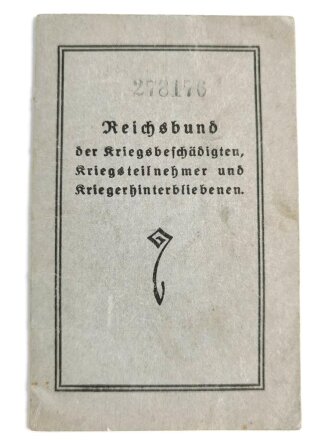 "Mitgliedsbuch", Reichsbund der Kriegsbeschädigten, Kriegsteilnehmer und Kriegshinterbliebenen, beigetreten 1928