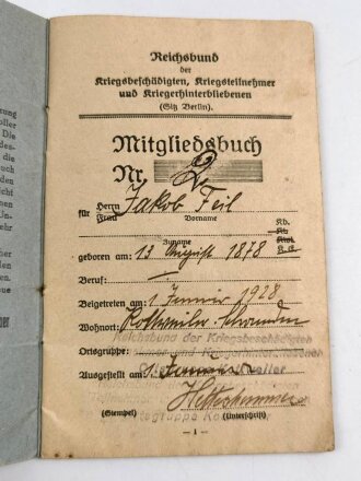 "Mitgliedsbuch", Reichsbund der...