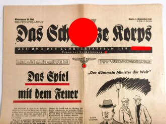 "Das Schwarze Korps" Zeitung der Schutzstaffeln der NSDAP, Berlin 5. September 1940, geknickt