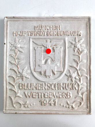 "München Hauptstadt der Bewegung" Keramikkachel 23,5 x 26cm anlässlich des " Blumenschmuck Wettbewerb 1941" Guter Zustand