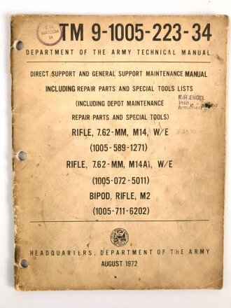 U.S. Technical Manual 9-1005-223-34 "For Rifle 7.62-MM, M14, w/E" 69 pages, used, U.S. 1972 dated