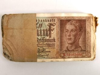 Bündel Geldscheine " 5 Reichsmark" zusammengebacken, Banderole " Truppendienststelle  L01204"