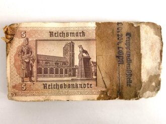 Bündel Geldscheine " 5 Reichsmark" zusammengebacken, Banderole " Truppendienststelle  L01204"