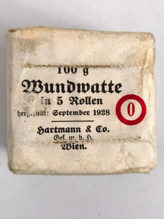 Pack " 100 g Wundwatte in 5 Rollen, datiert 1938"