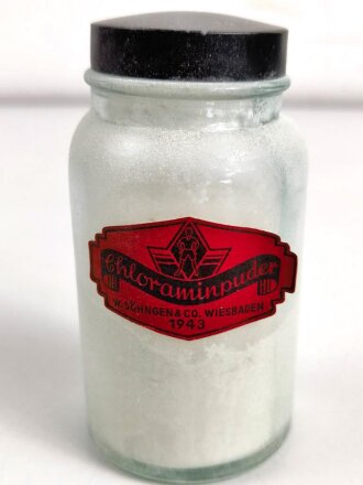 Glasbehälter " Chloramin Puder " Für Luftschutzzwecke. Datiert 1943, In der originalen Umverpackung,  Höhe 12,5cm