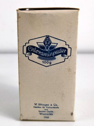 Glasbehälter " Chloramin Puder " Für Luftschutzzwecke. Datiert 1943, In der originalen Umverpackung,  Höhe 12,5cm