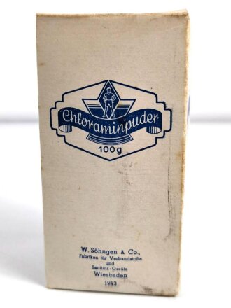 Glasbehälter " Chloramin Puder " Für Luftschutzzwecke. Datiert 1943, In der originalen Umverpackung,  Höhe 12,5cm