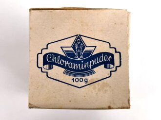 Glasbehälter " Chloramin Puder " Für Luftschutzzwecke. Datiert 1943, In der originalen Umverpackung,  Höhe 12,5cm