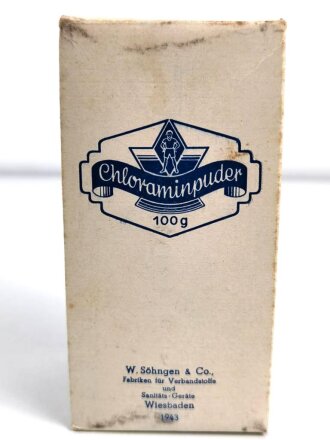 Glasbehälter " Chloramin Puder " Für Luftschutzzwecke. Datiert 1943, In der originalen Umverpackung,  Höhe 12,5cm