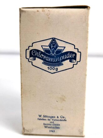 Glasbehälter " Chloramin Puder " Für Luftschutzzwecke. Datiert 1943, In der originalen Umverpackung,  Höhe 12,5cm