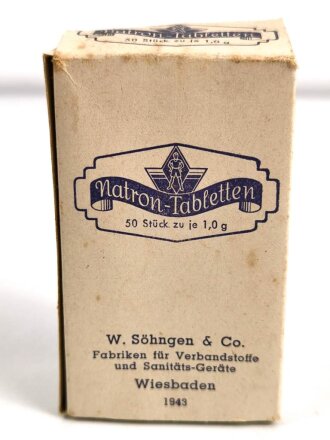 Glasbehälter " Natron Tabletten "in der originalen Umverpackung.  Für Luftschutzzwecke. Datiert 1943 , Höhe 9 cm