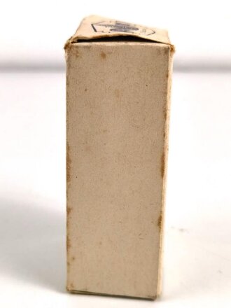 Glasbehälter " Natron Tabletten "in der originalen Umverpackung.  Für Luftschutzzwecke. Datiert 1943 , Höhe 9 cm