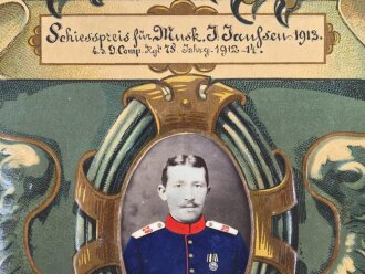 Schiesspreis Preussen, Infanterie Regiment 78. Erhabene Pappe auf Seide, Maße 68x85cm, das "Pickelhaubenemblem" liegt lose auf. Sehr dekorativ