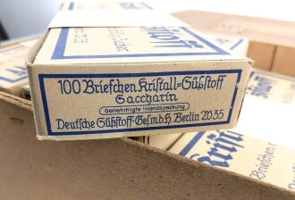 Kompletter Karton mit 100 Briefchen "1 1/4 Gramm Kristall Süßstoff Saccarin"  Sehr guter Zustand, sie erhalten einen Karton aus der originalen Umverpackung