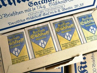 Kompletter Karton mit 100 Briefchen "1 1/4 Gramm Kristall Süßstoff Saccarin"  Sehr guter Zustand, sie erhalten einen Karton aus der originalen Umverpackung