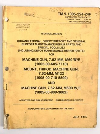 U.S. Technical Manual 9-1005-224-24&P "Machine Gun, 7.62-MM, M60 W/E" used, U.S. 1987 dated