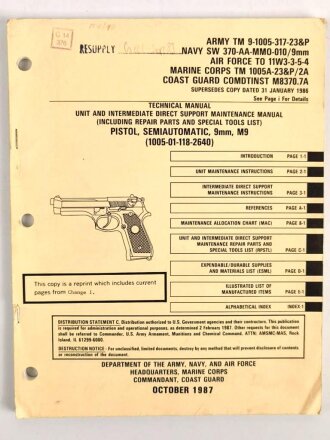 U.S. Technical Manual 9-1005-317-23&P "Pistol, Semiautomatic, 9mm, M9" used, U.S. 1987 dated