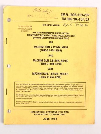 U.S. Technical Manual 9-1005-313-23P "Machine Gun, 7.62MMl" 30 pages, used, U.S. 1988 dated