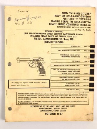 U.S. Technical Manual 9-1005-317-23&P "Pistol, Semiautomatic, 9mm, M9" used, U.S. 1987 dated