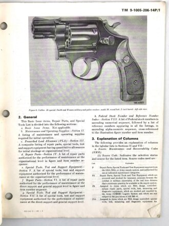 U.S. Technical Manual 9-1005-206-14P/1 "Revolver, Caliber .38 Special" 39 pages, used, U.S. 1971 dated