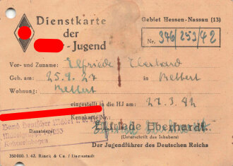 Dienstkarte des BDM, Gebiet Hessen-Nassau, eingestellt 1942