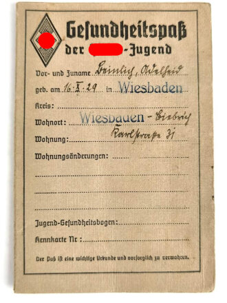 Gesundheitspaß der Hitler-Jugend eine Angehörigen aus Wiesbaden