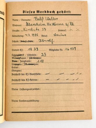 "Mein Dienst - Merkbuch der Hitler Jugend 1938-1939" 62 Seiten, DIN A5, gebraucht