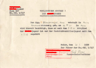 Hilter-Jugend Bann 117 Mainz "Vorläufiger Ausweis" datiert 1938