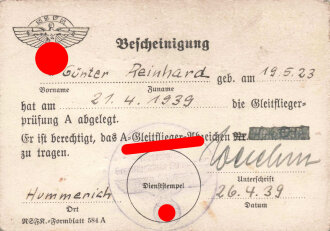 NSFK "Bescheinigung der Gleitfliegerprüfung A" datiert 1939