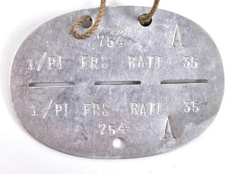 Erkennungsmarke Wehrmacht aus Aluminium eines Angehörigen, " 1/Pi Ers Batl 35 " 1. Pionier Ersatz Bataillon 35