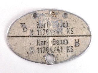 Kriegsmarine, Erkennungsmarke Wehrmacht aus Aluminium eines Angehörigen  " Karl Bauch N 11764/41 KS ( Kriegsschule )
