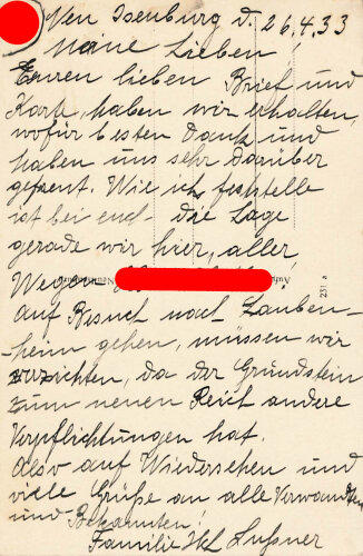 Ansichtskarte "Die Hakenkreuzfahne wird am 7. März 1933 am Stadthaus in Neu-Isenburg gehißt"